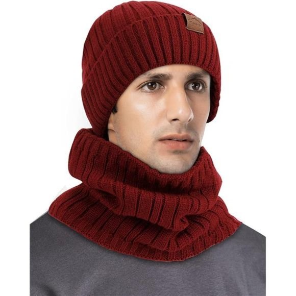 Warm Fleece Lined Knit Skull Cap Neck Warmer Set Solid Wine Red - Picture 1 of 7